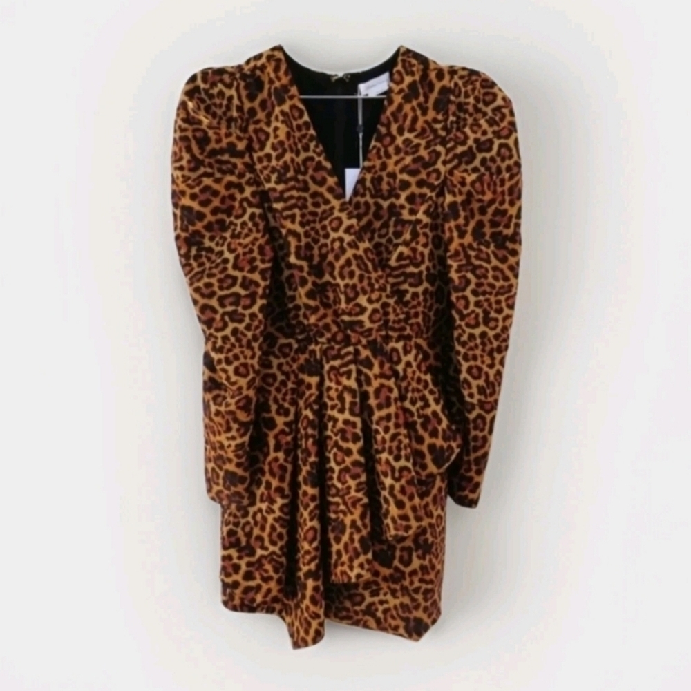 Lovers + Friends Dress Womens Small New Leopard Animal Print Puff Sleeve Mini
